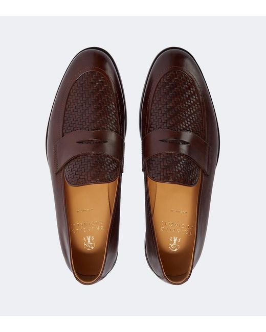 Brunello Cucinelli Brown Woven Leather Penny Loafers for men