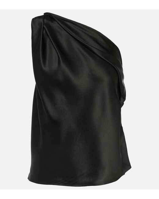 The Sei Black Draped One-Shoulder Silk Satin Top