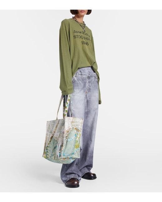 Acne Green Logo Printed Cotton And Hemp T-Shirt