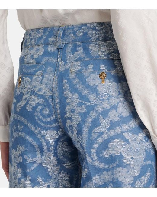 Etro Blue Printed Cotton And Linen Wide-Leg Pants