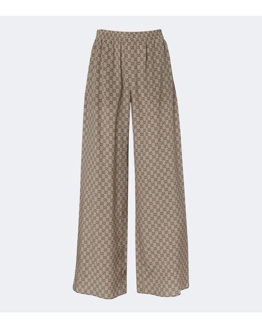 Gucci Natural Gg Silk Crepe De Chine Palazzo Pants