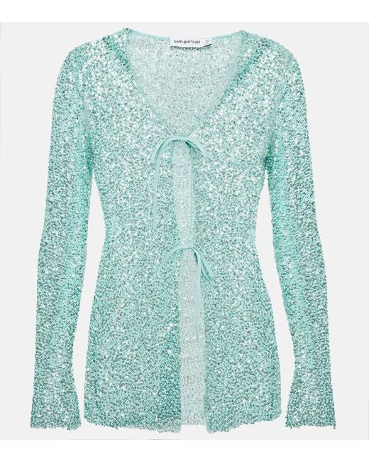 Self-Portrait Blue Beaded Tie-Front Cardigan