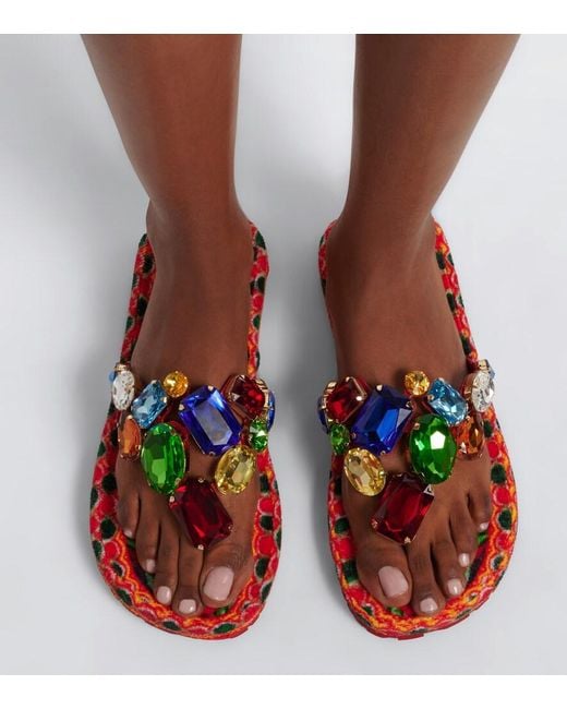 Dolce & Gabbana Red Embellished Leather Thong Sandals