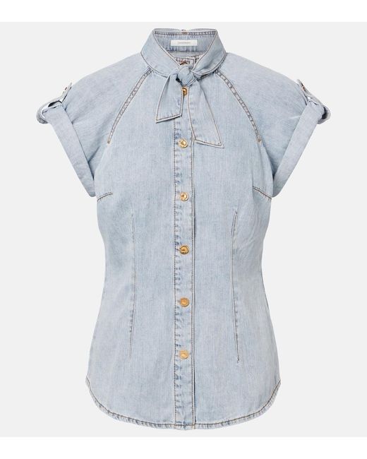 Zimmermann Blue Tie-Neck Denim Shirt