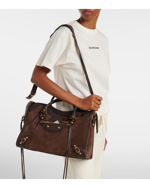 Balenciaga Brown Le City Medium Leather-Trimmed Suede Tote Bag