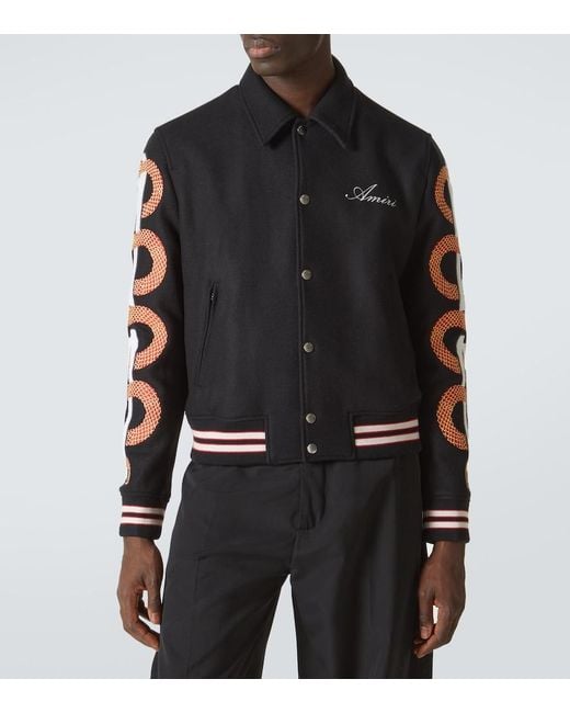 Amiri Black Snake Bones Wool-Blend Varsity Jacket for men