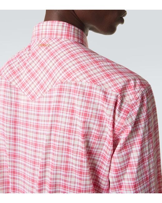 Versace Pink Checked Cotton Poplin Shirt for men