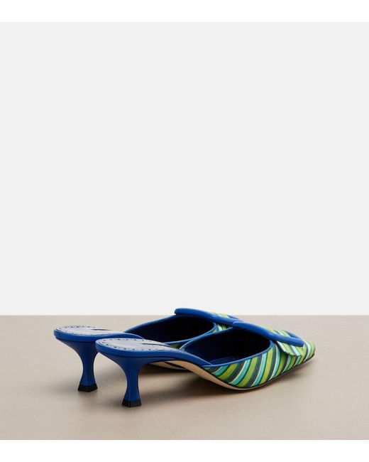 Manolo Blahnik Blue Maysalebi Striped Leather-Trimmed Mules