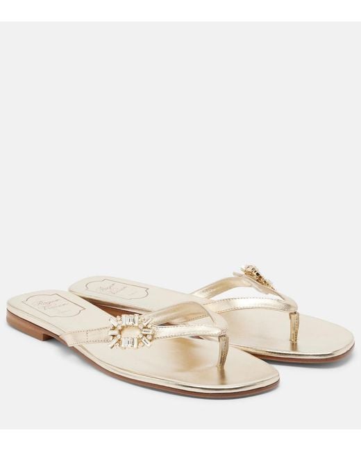 Roger Vivier Natural Embellished Metallic Leather Thong Sandals