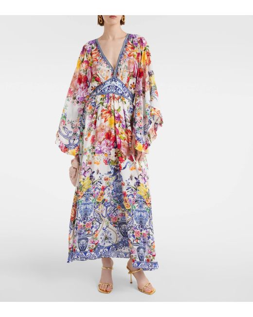 Camilla White Floral Silk Crepe Maxi Dress