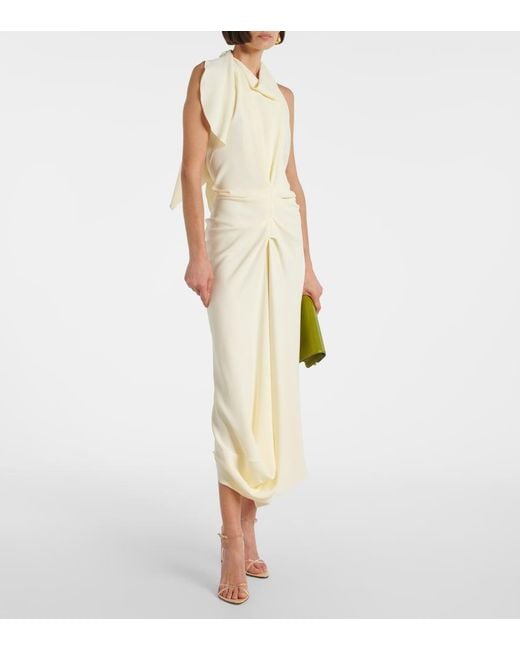 Victoria Beckham Natural Gathered Satin Crepe Midi Dress