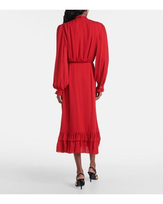 Valentino Red Ruffled Silk Georgette Midi Dress