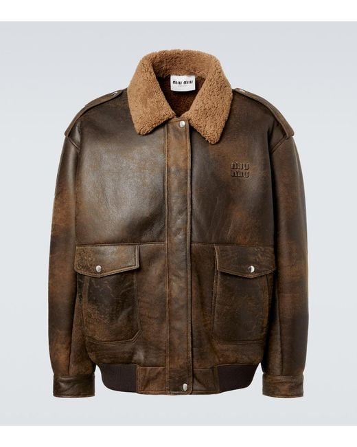 Miu Miu Shearling-Lined Leather Blouson Jacket in Brown for Men | Lyst