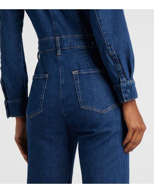 7 For All Mankind Blue Flared Denim Jumpsuit