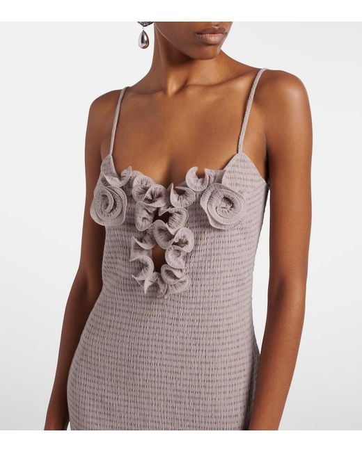 Magda Butrym Natural Floral-Applique Shirred Crepe Minidress