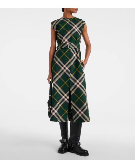 Burberry Green Check Wool Midi Dress