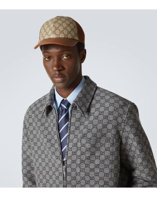 Gucci Natural Gg Canvas Leather-Trimmed Baseball Cap for men
