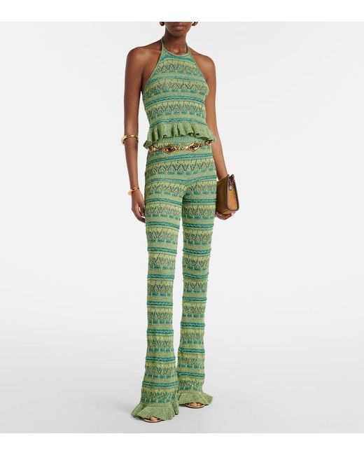 Etro Green Crochet Cotton Flared Pants