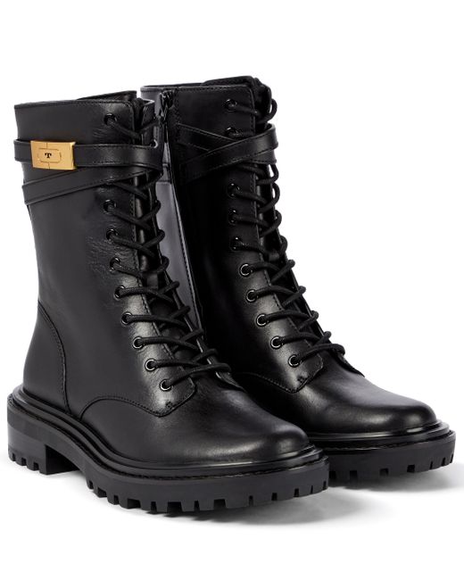 Tory Burch Black T Hardware Leather Combat Boots