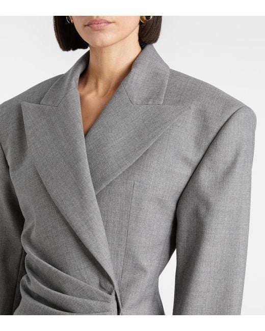 Balmain Gray Draped Virgin Wool Blazer Dress