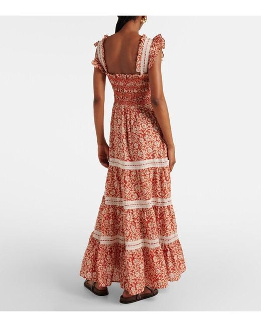 Rixo Orange Aubrie Floral Smocked Cotton Midi Dress