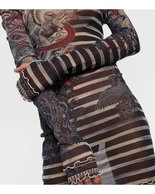 Jean Paul Gaultier Gray Printed Mariniere Tattoo Short Boat Neck Dress