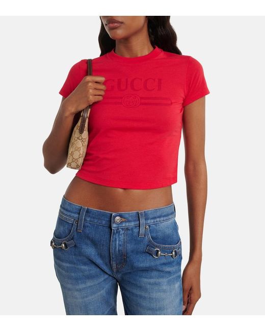 Gucci Red Logo Cropped Cotton-Blend Jersey T-Shirt