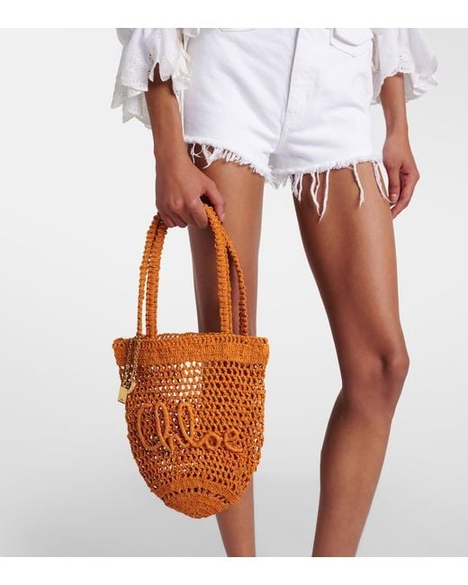 Chloé Orange Tote Summer Banana Small Aus Raffiabast