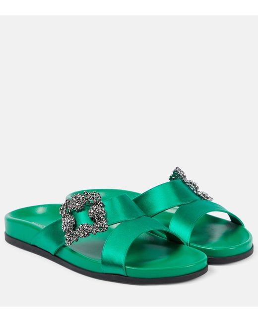 Manolo Blahnik Green Chilanghi Embellished Satin Sandals