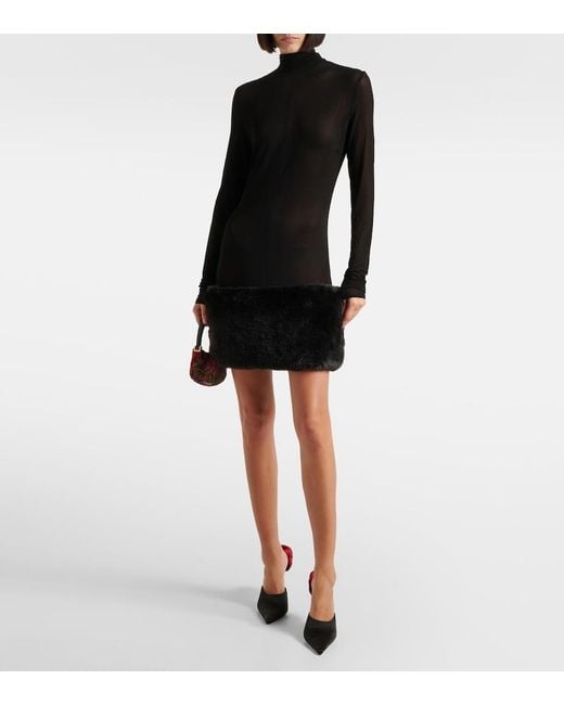 Magda Butrym Black Sheer Faux Fur-Trimmed Minidress