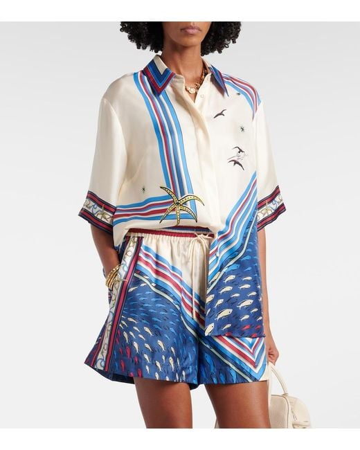 ALÉMAIS Blue Printed Silk Satin Shirt
