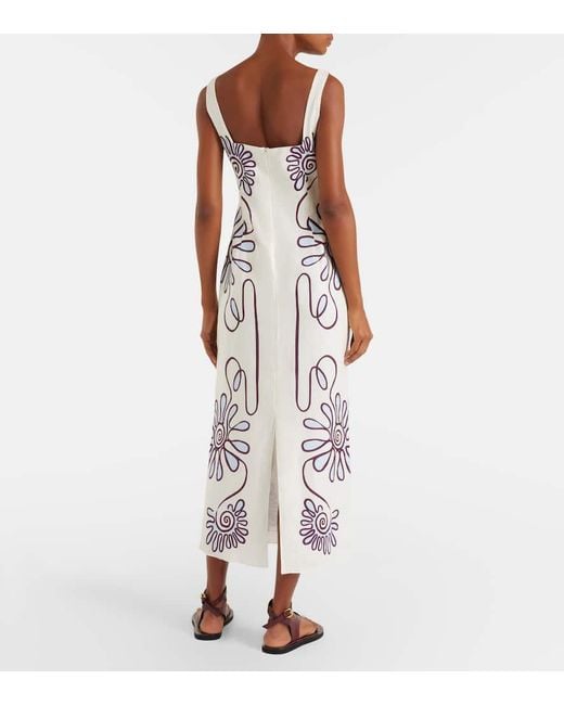 Cala De La Cruz White Bedrucktes Midikleid Amaranta Aus Leinen