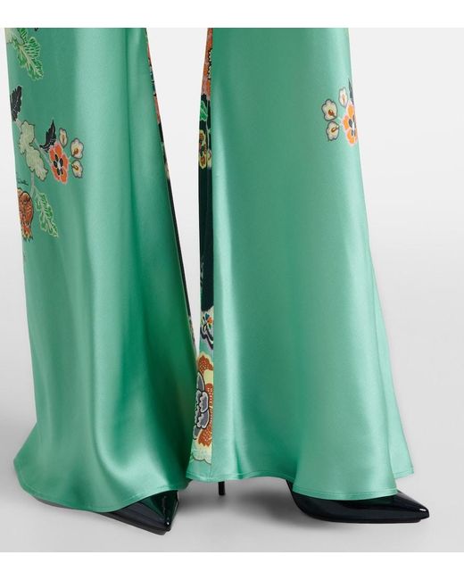 Roberto Cavalli Green Floral Silk Satin Flared Pants