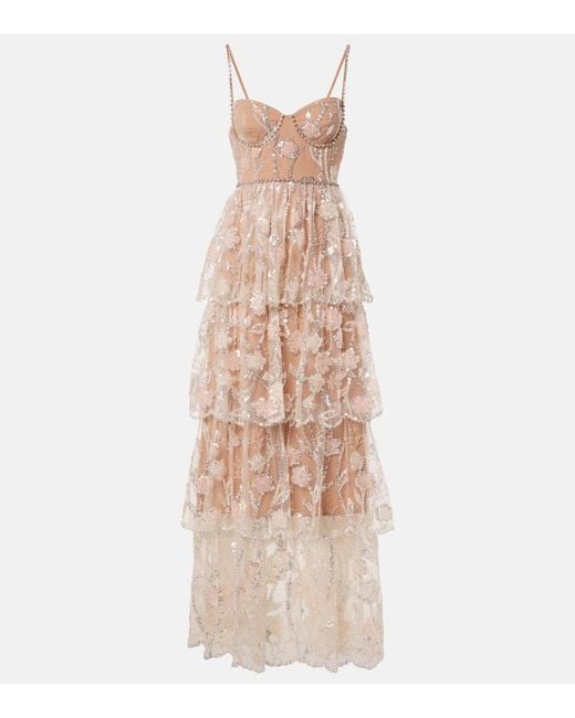 Self-Portrait Natural Embellished Tiered Corset Gown