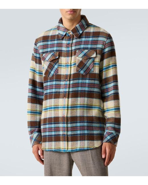 God's True Cashmere Blue Plaid Cashmere Shirt With Sunstone for men