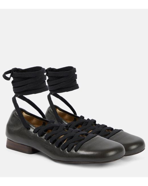 Lemaire Black Laced Leather Ballet Flats