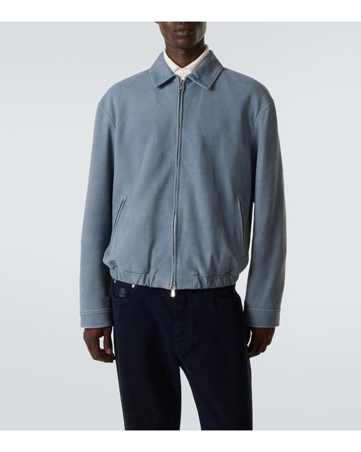 Brunello Cucinelli Blue Leather Blouson Jacket for men