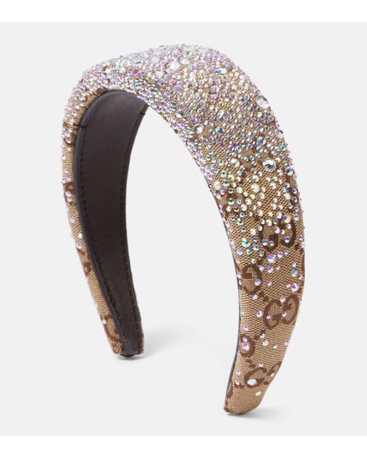 Gucci Brown Gg Canvas Crystal-Embellished Headband