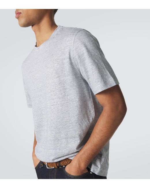 Brioni Gray Striped Linen And Cotton T-Shirt for men
