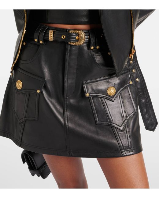 Balmain Black Belted A-line Leather Miniskirt