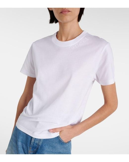 Gucci White Besticktes T-Shirt aus Baumwoll-Jersey