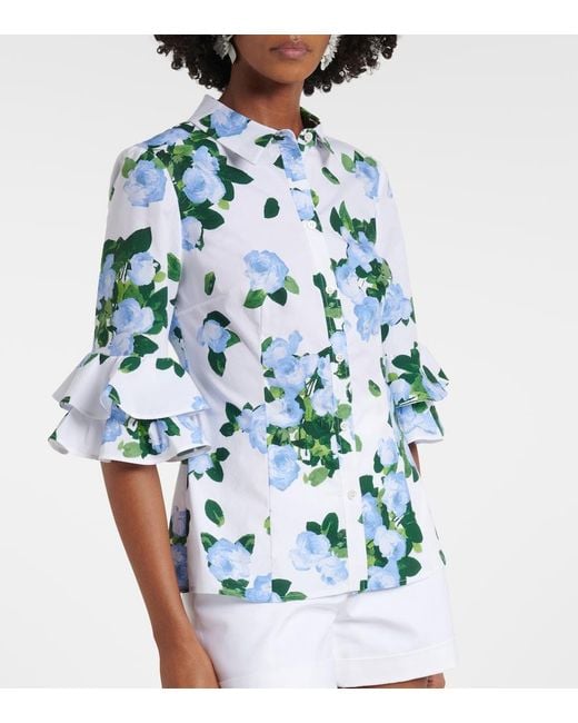 Carolina Herrera Blue Floral Ruffled Cotton-Blend Shirt
