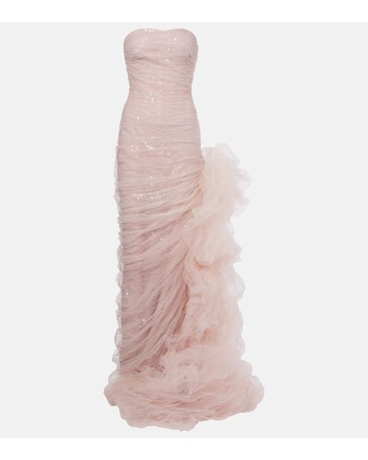 Marmar Halim Pink Sequined Ruffled Tulle Gown