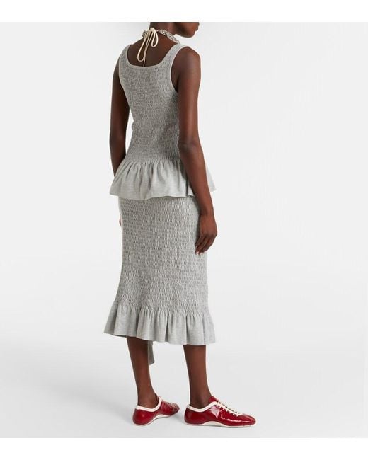 Dries Van Noten Gray Ruffled Smocked Cotton Midi Skirt