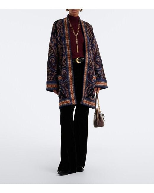 Etro Blue Jacquard Wool-Blend Wrap Cardigan