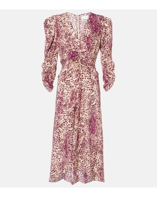 Isabel Marant Purple Deep V-Neck Midi Dress With Puffed Sleeves And Abstract Print