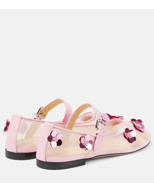Mach & Mach Pink Sequined Leather-trimmed Mary Jane Flats