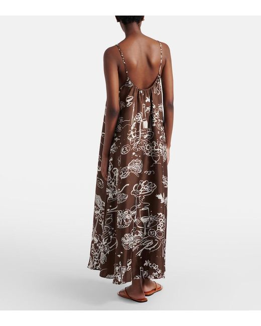 Asceno Brown Napoli Printed Silk Twill Maxi Dress