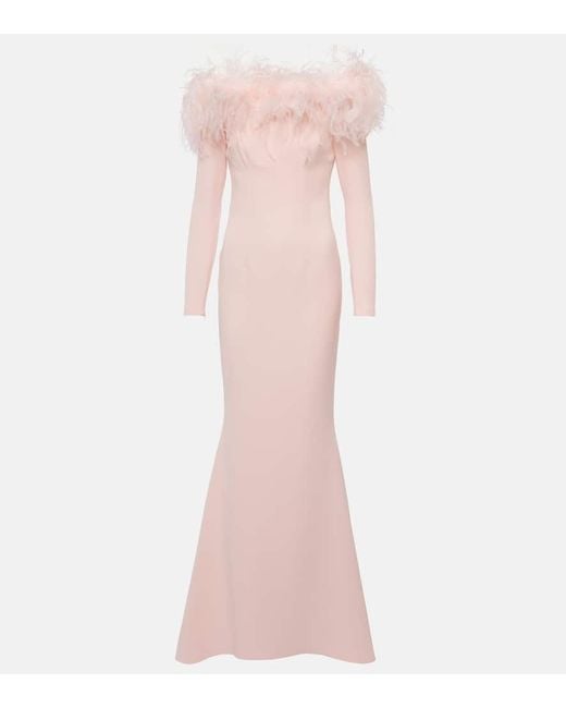 Safiyaa Pink Feather-trimmed Off-shoulder Gown