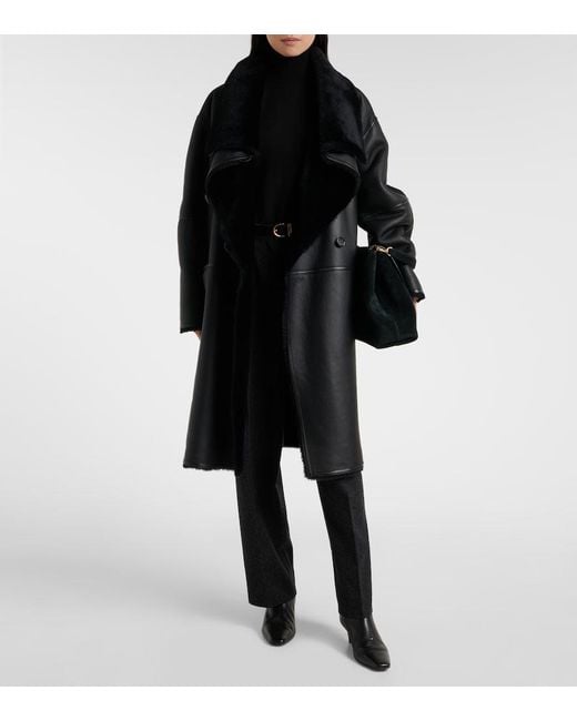 Totême Black Shearling-Lined Leather Coat